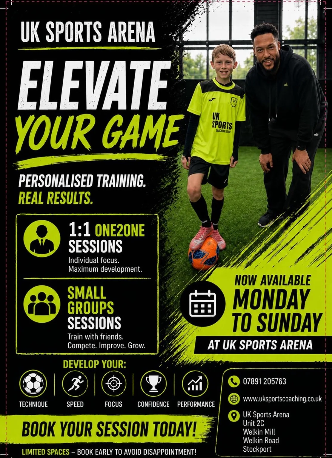 UK Sports Arena Elevate Your Game coaching poster