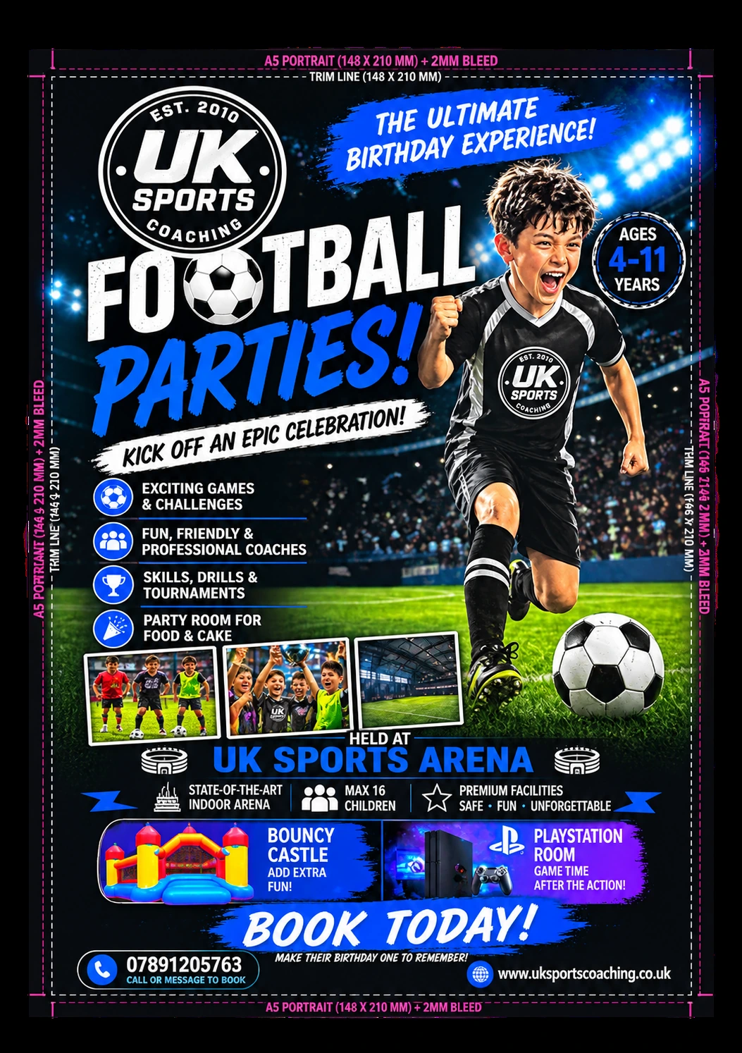 UK Sports football birthday party poster with football games, challenges and arena information